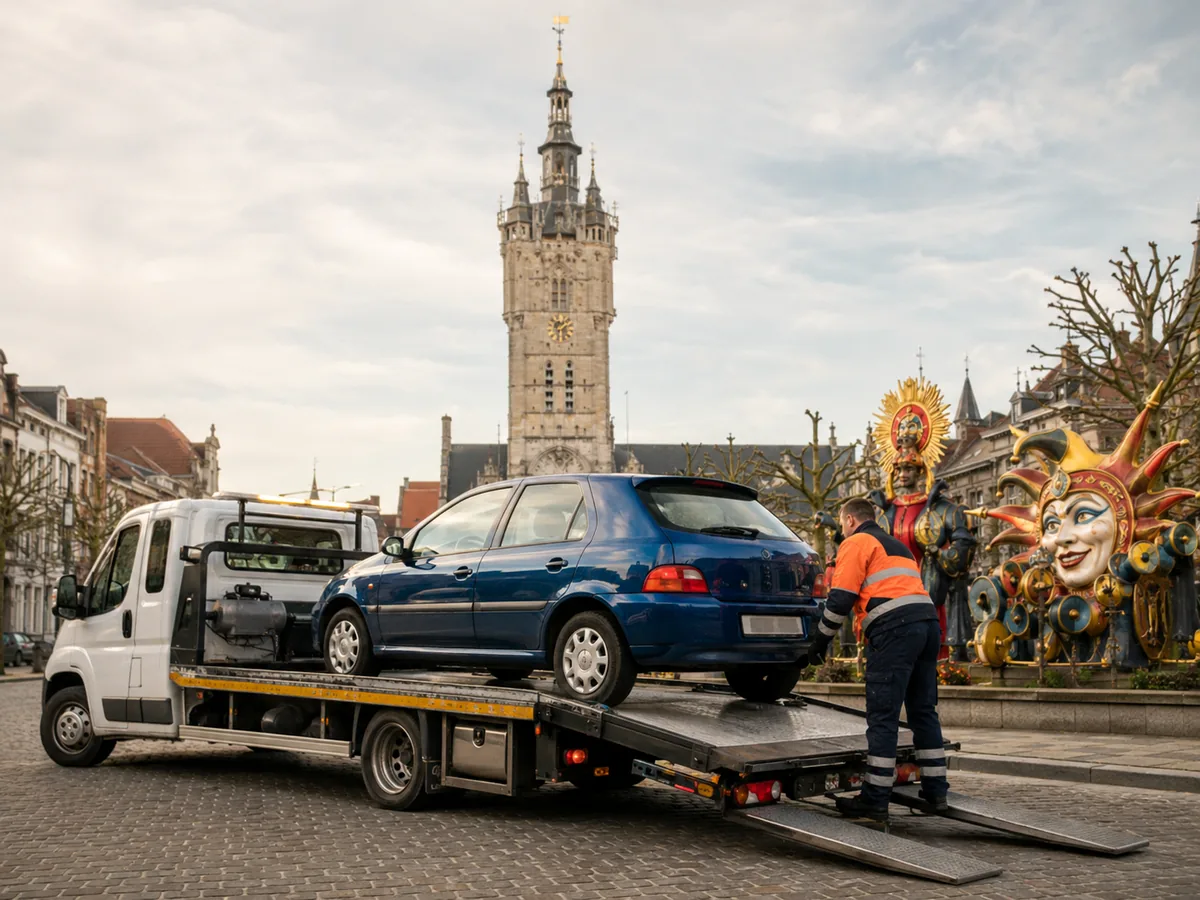 Auto wordt in Aalst op een oprijwagen geladen voor gratis ophaling, met het Belfort en de gevels van de Grote Markt op de achtergrond